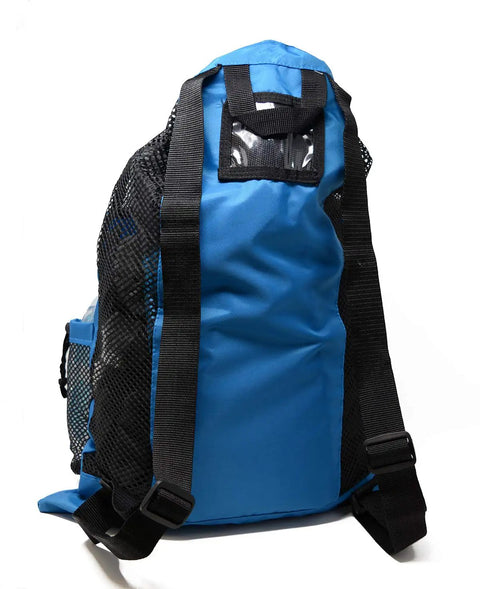 Back view of blue Quick Dry Mesh Gym And Swim Equipment Bag, showing clear ID card window, durable nylon straps, and mesh pockets.