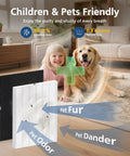 HEPA Replacement Filter H 116130 for AM80 Air Purifier reducing pet odor and dander, child playing with dog in living room.
