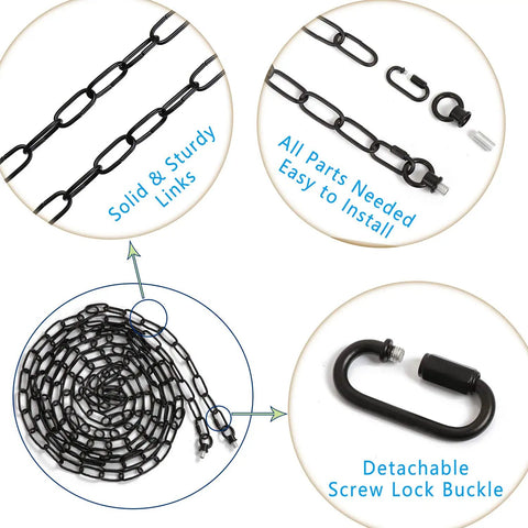 Beefy 19Ft Black Chain For Pendant Lights And Ceiling Fixtures, Extra Chain For High Ceilings, showing link, buckle, and features.