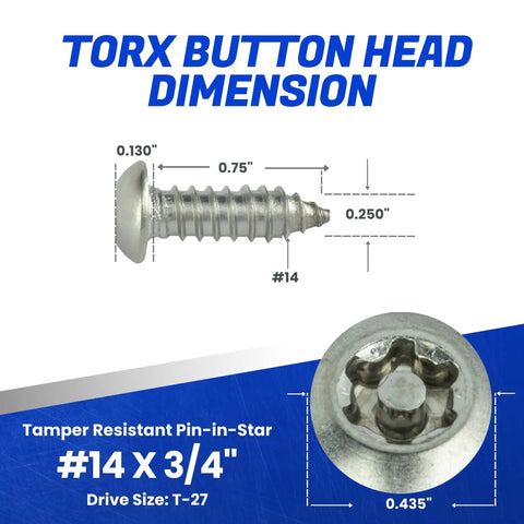 Tamper Resistant Torx Security Screws For Sheet Metal, Button Head Stainless Steel Anti Theft Heavy Duty Fastening, Size Fourteen By Three Quarters Inch, 10 Pack For Essential Security dimensions with measurements
