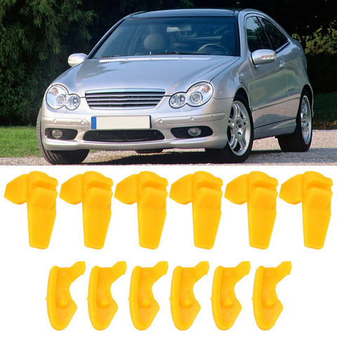 Six Pack Tire Changer Rim Protectors: Universal Wheel Edge Inserts in yellow, displayed in front of a silver car, durable plastic.