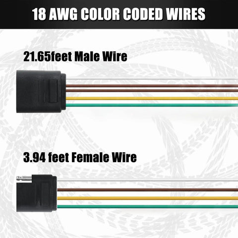 25 Ft Trailer Wiring Harness Extension Kit With 4 Way Flat Plug 18 AWG Male and Female Connectors