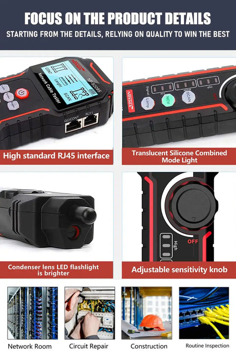 RJ45 Network Cable Tester With PoE And NCV Check, Cable Length Meter, Port Flashing Indicator, Supports CAT5 CAT6 CAT6a CAT7; close-up view with buttons and interface ports