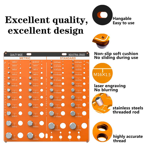 Dual SAE And Metric Nut And Bolt Thread Gauge Set For Quick No Fuss Precision Identification Of 22 Standard Threads And 24 Metric Threads With Eight Drill Bit Gauges, showing metric and SAE sizes on an orange background.