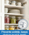 Heavy Duty Clear Shelf Support Pegs For Cabinet Furniture And Bookshelves 100 Pack, installed in kitchen cabinet with plates and jars.