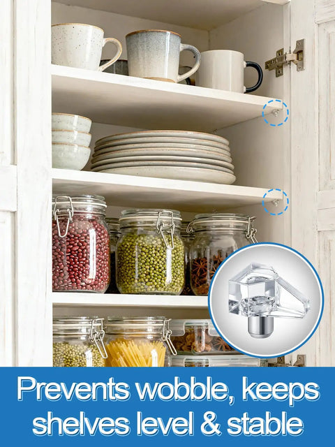 Heavy Duty Clear Shelf Support Pegs For Cabinet Furniture And Bookshelves 100 Pack, installed in kitchen cabinet with plates and jars.