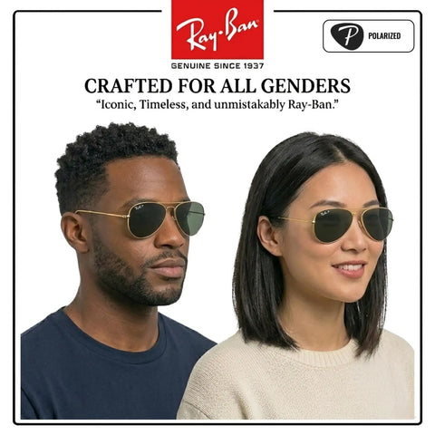 Two models wearing unisex pilot shape polarized sunglasses with black lenses, classic yet modern frame, for men and women.