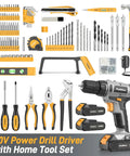 20V Cordless Power Drill Kit With Dual Speed Motor And Two Rechargeable Batteries Featuring Hella Tough Electric Screwdriver Led Work Light 199 Piece Home DIY Toolkit on a workbench setup with various tools.