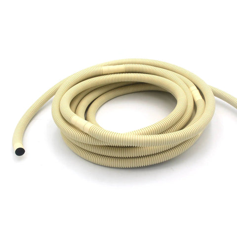 Coiled beige flexible mini split drain hose for AC units 5/8 inch ID, 25 ft universal line set cover and outdoor drainage extender.