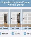 Installed Paintable Sliding Closet Doors 48x80 Bypass Panels showcasing fully opened, half closed, and fully closed views.