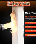 Ceramic fiber insulation blanket being heated by a torch; 24x12 in, 1 in thick, white; rated to 2400°F.