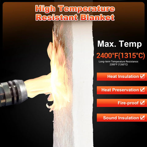 Ceramic fiber insulation blanket being heated by a torch; 24x12 in, 1 in thick, white; rated to 2400°F.