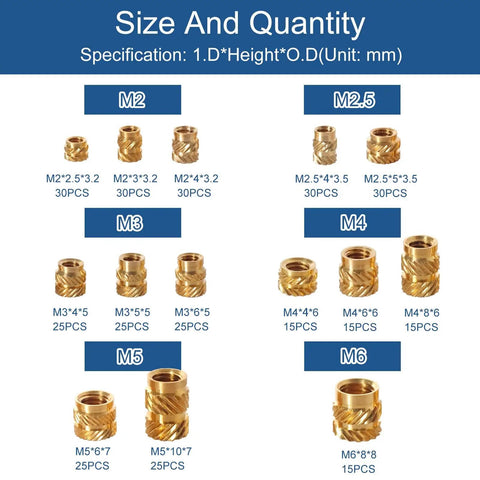 Image of 305 Piece Knurled Threaded Insert Nuts Set For Plastic 3D Printing And Injection Molding Brass Heat Set Inserts M2 To M6 14 Sizes And 6 Bore Options Durable Corrosion Resistant Kit For DIY Folks, showing various sizes labeled from M2 to M6.
