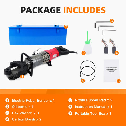 Heavy Duty 1500W Electric Rebar Bender Fits 16 To 25mm Steel Rod Up To 1 Inch With Fast 3 Second Cycle Adjustable Angle Portable Hydraulic Bending Machine In Carry Case with included tools and accessories.