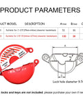 Diagram of valve lockout device with product dimensions and warning label, red locking shield for 2.5-5 inch gate valves