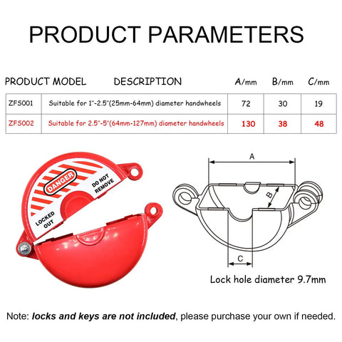 Diagram of valve lockout device with product dimensions and warning label, red locking shield for 2.5-5 inch gate valves