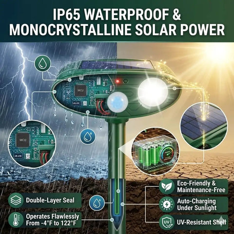 Four Pack Solar Ultrasonic Animal Deterrents For Gardens And Lawns With Motion Activated Led Strobe Light, IP65 waterproof display