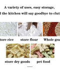 Images showing different uses of Heavy Duty Ceramic Grain Dispenser Jar With Secure Locking Lid for storing rice, flour, dry goods, and pet food.