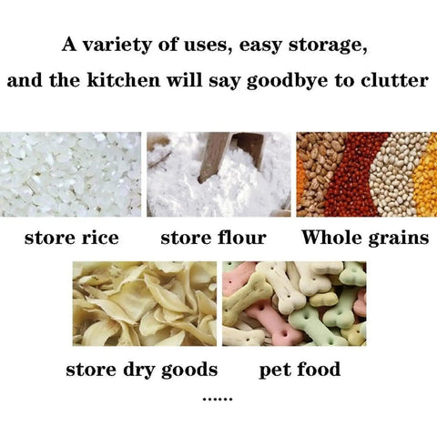 Images showing different uses of Heavy Duty Ceramic Grain Dispenser Jar With Secure Locking Lid for storing rice, flour, dry goods, and pet food.