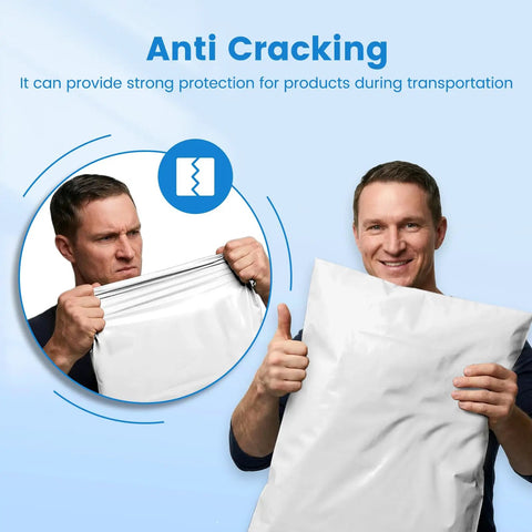 Heavy Duty 19x24 Inch Poly Mailers 500 Pack Bulk Shipping Envelopes for Clothes Self Seal White Plastic Mailing Bags for E Commerce Packaging and Small Biz, man demonstrating anti-cracking feature.