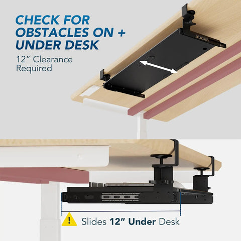 Under Desk Keyboard Tray Pull Out With Sturdy Adjustable C Clamp Mount System 32.5 Inch Clamp Span 27.3 Inch Platform By 11 Inch Slide Out For Typing Space Saver Black, showing installation beneath desk.