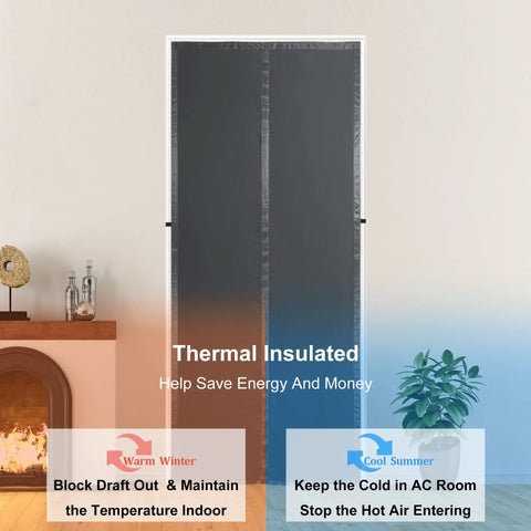 Thermal Insulated Door Curtain With Magnetic Closure, thick dark grey fabric, displayed in doorway, blocks drafts for energy savings.