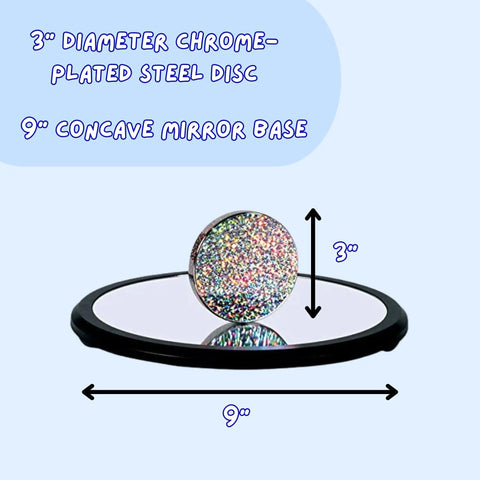 Euler's Disk Kinetic Toy With Interchangeable Foils on 9-inch concave mirror base with 3-inch chrome disk