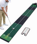 Man using Indoor Golf Putting Mat With Auto Ball Return And Alignment Mirror 8.2 Ft Practice Green All In One Home Golf Setup