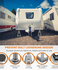 Premium Cast Aluminum Rv Stabilizer Jacks 4 Pack Heavy Duty Leveling Kit for Travel Trailer Camper on gravel ground.