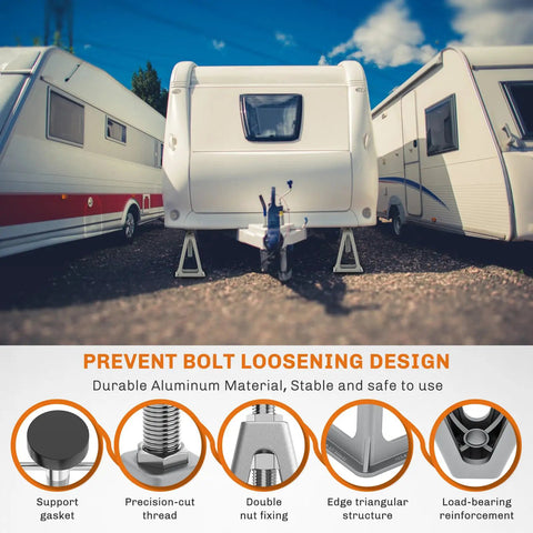 Premium Cast Aluminum Rv Stabilizer Jacks 4 Pack Heavy Duty Leveling Kit for Travel Trailer Camper on gravel ground.