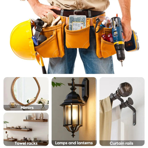 Handyman with tool belt and power drill, showcasing Pro Grade Wood Screws Set 240 PC Assortment Kit With 8 Sizes Flat Head Phillips Zinc Plated Plus 15 Plastic Anchors In Reusable Storage Box For DIY Projects And Quick Fixes, surrounded by home decor items like mirrors, towel racks, lamps and lanterns, and curtain rails.