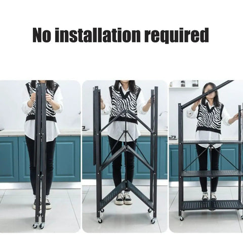 Images showing easy setup and foldable design of Super Durable Triple Tier Metal Wire Shelf That Is Hella Versatile For Kitchen Pantries Garages And Bedrooms Easy Foldable Design Makes Clutter Disappear Fast.