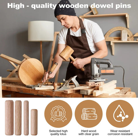80 Pcs Wooden Dowel Pins Kit Half Inch By Two Inch Fluted Hardwood Dowels For Furniture Making And DIY Woodworking Projects, Durable Dense Pins For Strong Joints, Ideal For Crafts, Carpentry, And Repair Work, woodworking scene