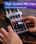 PodTrak P4 Dope Podcast Recorder With 4 XLR Mic Inputs, hands adjusting settings on the compact device on a wooden table.