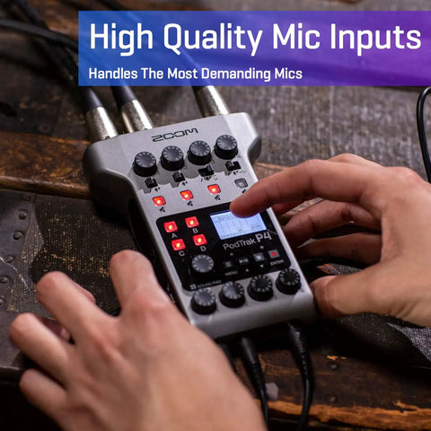 PodTrak P4 Dope Podcast Recorder With 4 XLR Mic Inputs, hands adjusting settings on the compact device on a wooden table.