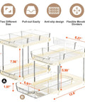 No Fuss Slide Out Two Tier Under Sink Organizer With Reconfigurable Dividers Stackable Pantry Storage Rack In Warm Beige, dimensions shown.