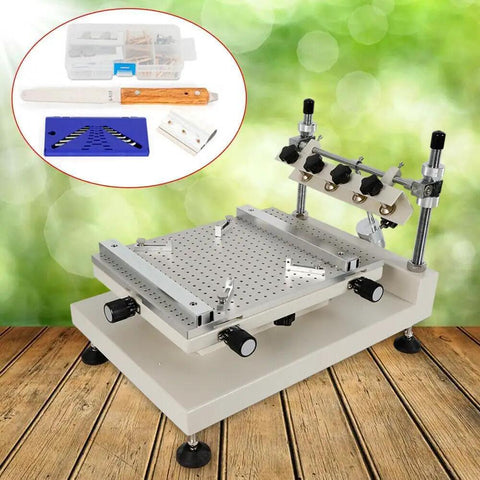 Pro Grade High Precision Solder Paste Printer For PCB SMT Stencil, Manual Printer with honeycomb base on wooden surface