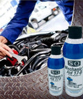 Mechanic's Aid 17-6 Penetrating Oil Low Viscosity Formula in use on car engine, bottle in foreground, 11 oz can