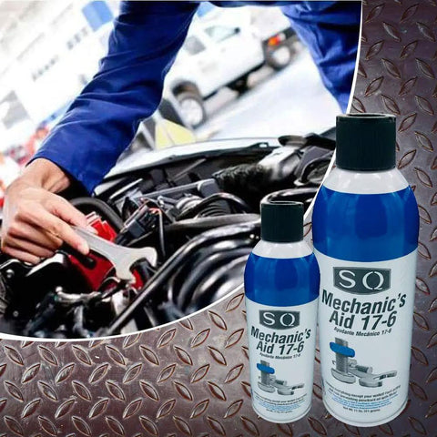 Mechanic's Aid 17-6 Penetrating Oil Low Viscosity Formula in use on car engine, bottle in foreground, 11 oz can