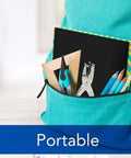 Backpack with tools including Heavy Duty Metal Single Hole Puncher For 8 Sheet Capacity and other office supplies.