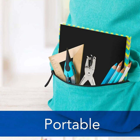 Backpack with tools including Heavy Duty Metal Single Hole Puncher For 8 Sheet Capacity and other office supplies.