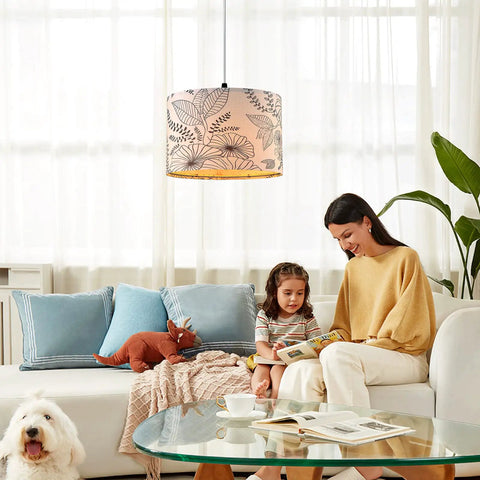 Plug In Pendant Light With Dimmable Switch over a living room with a floral fabric shade, 15 ft clear cord hanging above a family.