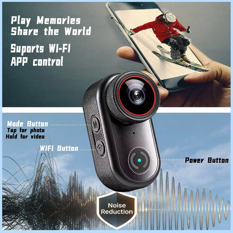 Ultra Compact 4K Sports Action Camera With 140 Degree Wide Angle, Wearable Body Cam showing WiFi app control on smartphone