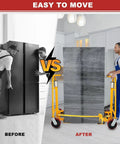 Heavy Duty Manual Furniture Mover Tool Set And Rugged Moving Dollies With Solid 1300 Lb Load Capacity Plus 12 Inch Lift Height For Slippery Smooth Package Handling Gear Doing The Heavy Lifting No Sweat At All - Before and After Comparison of Moving a Refrigerator.