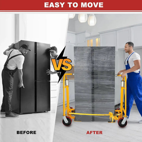 Heavy Duty Manual Furniture Mover Tool Set And Rugged Moving Dollies With Solid 1300 Lb Load Capacity Plus 12 Inch Lift Height For Slippery Smooth Package Handling Gear Doing The Heavy Lifting No Sweat At All - Before and After Comparison of Moving a Refrigerator.
