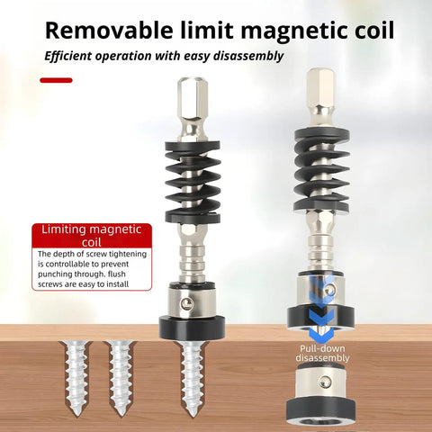 No Sweat Quick Grab Magnetic Depth Stop Bit Holder For Impact Driver And Power Drill showing removable limit magnetic coil and screws.