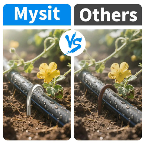 Comparison of heavy duty U-shaped garden stakes securing soaker hoses among flowers, highlighting Eleven Gauge Galvanized Steel durability.