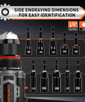 Killer 55 Piece Magnetic Impact Nut Driver Set Featuring Deep Metric And Sae Sockets, Quarter Inch Quick Swap Drive, Crush Proof Chrome Vanadium Steel For Garage Rats And Pros with engraved size dimensions.