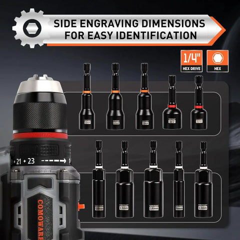 Killer 55 Piece Magnetic Impact Nut Driver Set Featuring Deep Metric And Sae Sockets, Quarter Inch Quick Swap Drive, Crush Proof Chrome Vanadium Steel For Garage Rats And Pros with engraved size dimensions.