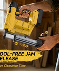 Cordless Two In One 18 Gauge Brad Nailer And Stapler Battery Powered Nail Gun With Fasteners For Wood Carpentry Trim Framing Tool Only showing tool-free jam release feature.